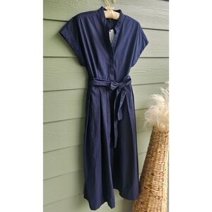 Banana Republic Navy Blue Poplin Tie Waist Short Sleeve Midi Shirt Dress